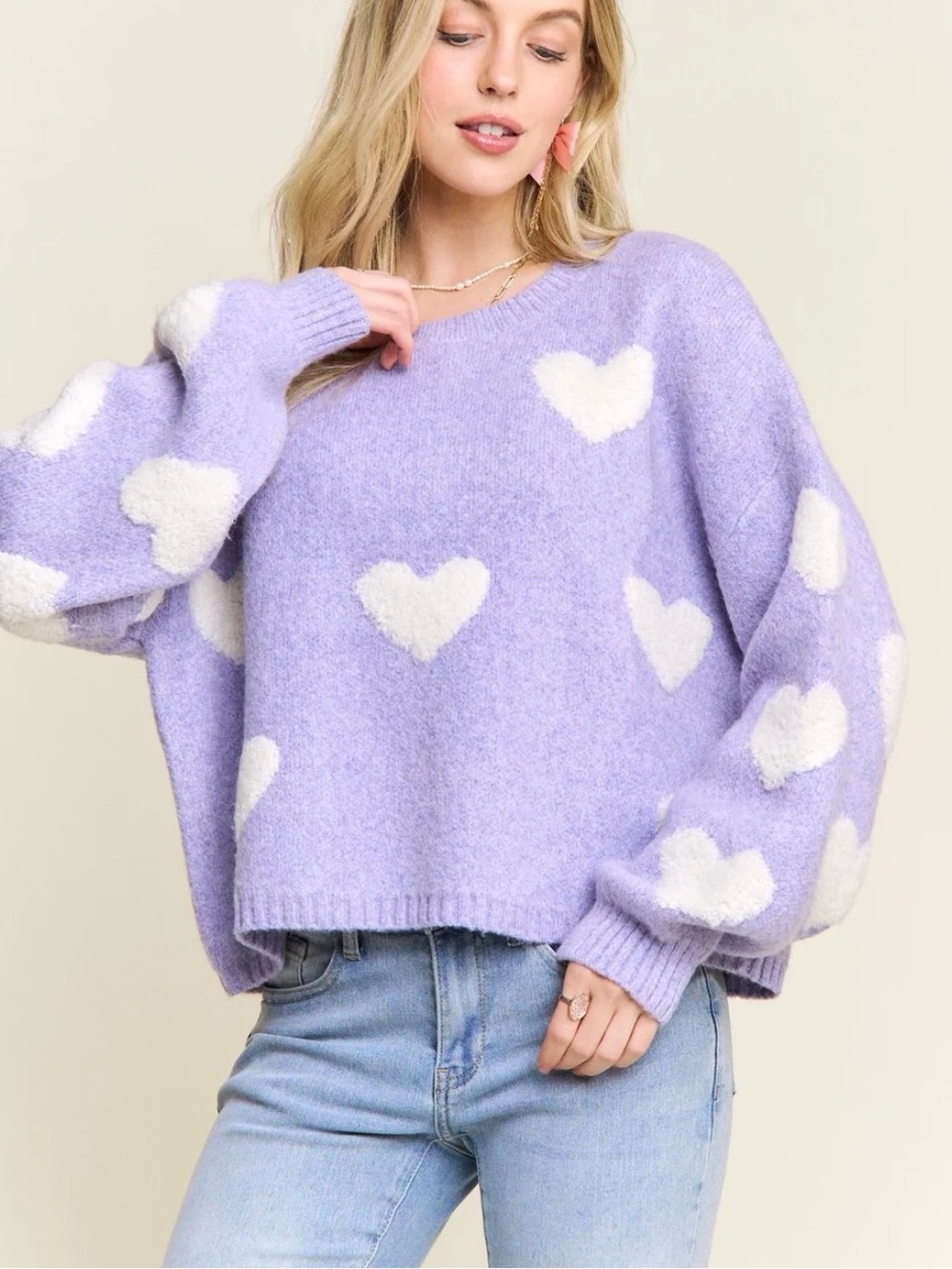 Cider Purple White Heart Print Chunky Knit Sweater Size L